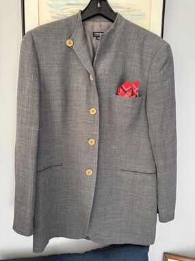 GIORGIO ARMANI ITALY GRAY WOOL RAYON MANDARIN COLLAR BUTTON BLAZER JACKET 44/LG